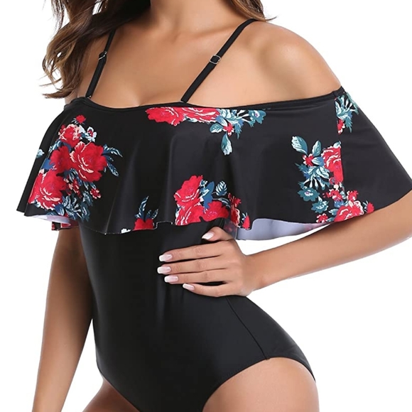 Black floral one piece off shoulder swimsuit - Picture 4 of 6